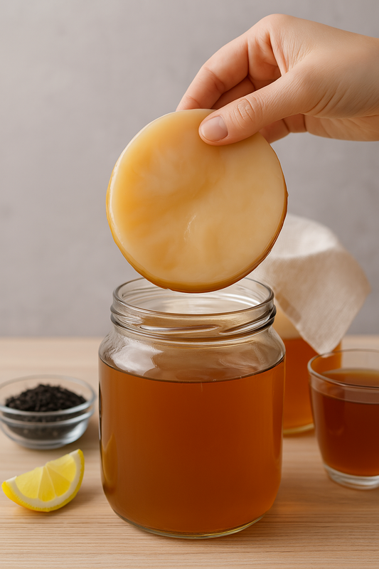 KOMBUCHA SCOBY AND A JAR SURROUNDED BY TEA AND LEMONS
