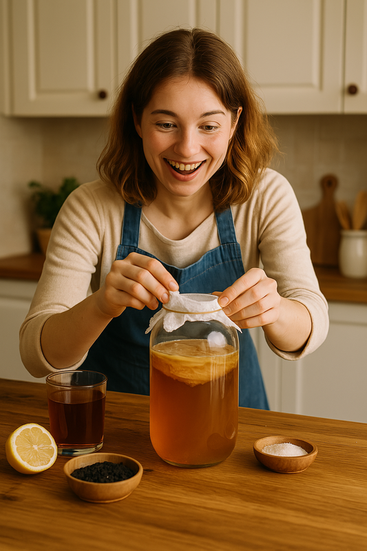 A smiling young woman wearing a denim apron brews kombucha in a bright kitchen, adjusting the cloth cover on a jar filled with amber liquid and a visible SCOBY, surrounded by natural tea ingredients and kitchen tools.