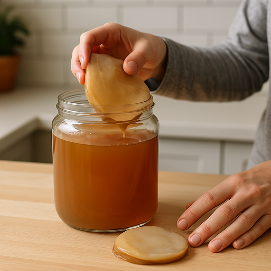 A person examining two kombucha SCOBYs in a sunlit kitchen—one being lifted from a jar of amber tea, and the other resting on a countertop, with natural light highlighting their layered textures against a white tiled background.