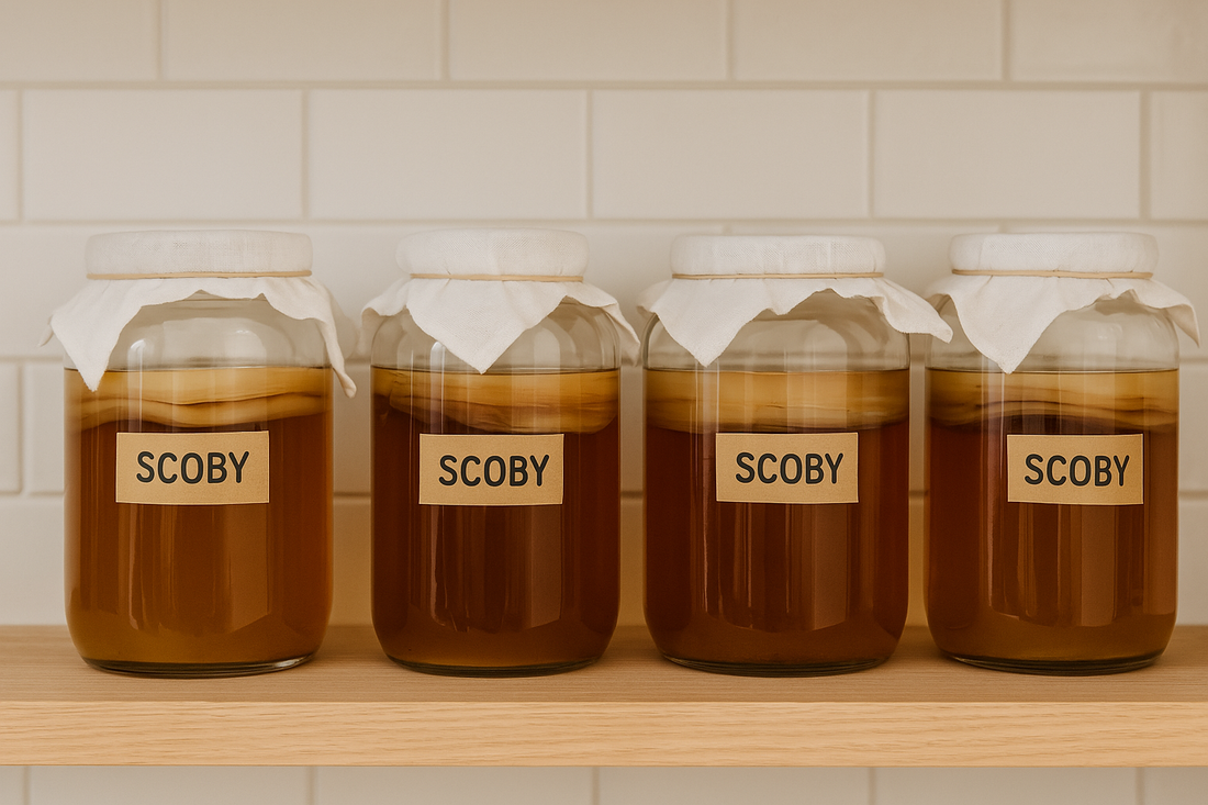 Four glass jars labeled “SCOBY” filled with amber kombucha tea and floating SCOBYs, neatly arranged on a wooden shelf with a white tiled background and covered with breathable cloths.