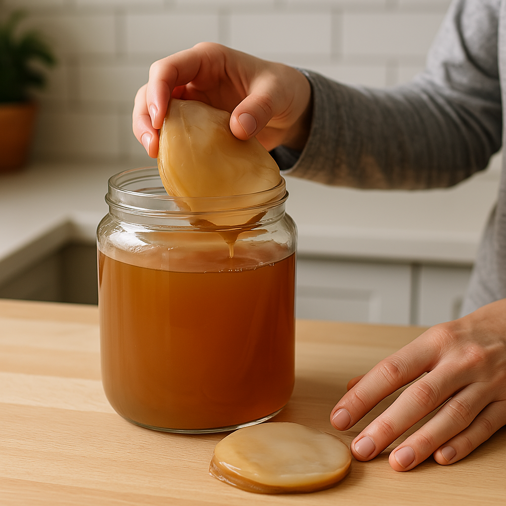 A person examining two kombucha SCOBYs in a sunlit kitchen—one being lifted from a jar of amber tea, and the other resting on a countertop, with natural light highlighting their layered textures against a white tiled background.