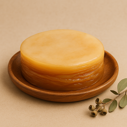 Close-up of a thick, healthy kombucha SCOBY. The SCOBY has a smooth, creamy surface with visible layers, showcasing its vibrant, gelatinous texture.